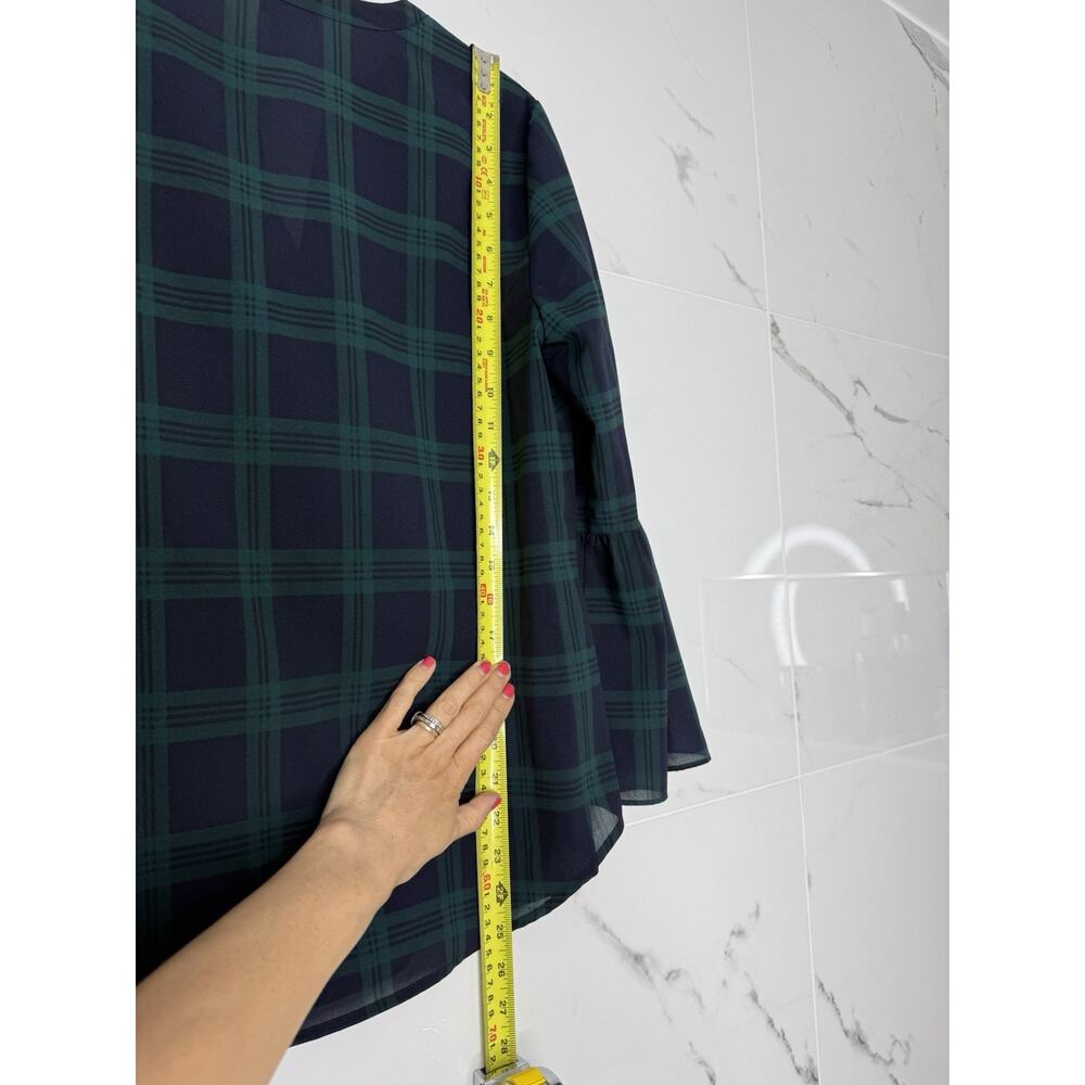 J.CREW Blouse Top XXS Green & Navy Tartan Plaid V Neck 3/4 Bell Sleeves Preppy - Picture 6 of 7